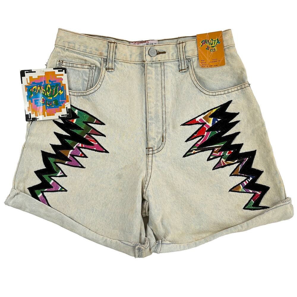 VTG 90s Dakota Blue NWT Denim Shorts Women 27 Geometric Patch Y2K Festival